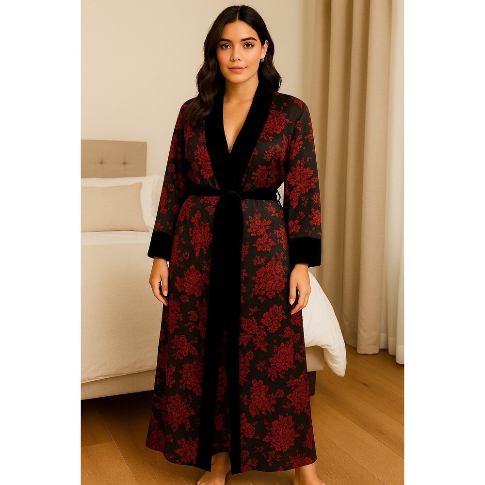 Morgan Taylor RedFloral Kimono Robe Velour Trim Gothic Renaissance Pickets S/M
